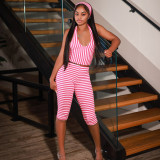 Spring/Summer Women's Striped Print Halter Neck Low Back Top, Headband & High-Waist Capri Pants Set