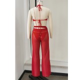 Women's Solid Adjustable Pleated Lace-Up Low Back Mesh Pants Two-Piece Bikini Set