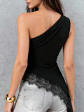 Women's Sleeveless Lace Patchwork Asymmetrical Slash-Shoulder Slim Fit T-Shirt