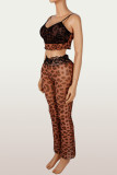 Women's Leopard Print Lace Patchwork Slim Fit Strap Top & Pants Two-Piece Set