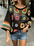 Women's Hollow Crochet Colorblock Floral Knitted Beach Cover-Up