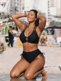 Plus Size Solid Ribbed Halter Neck High-Waist Two-Piece Bikini Swimsuit