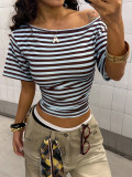 Women's Casual Striped Colorblock Loose Slim Waist Slash Shoulder Short Sleeve T-Shirt