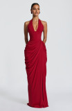 Summer Women's Elegant Halter Neck V-Neck Pleated Ruched Long Dress