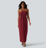 Summer Women's Sexy Strapless Low Back Halter Neck Solid Long Dress