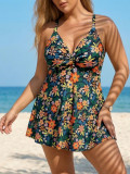 Plus Size High-Waist Slim Fit Floral Print Dress Two-Piece Swimsuit