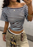 Women's Casual Striped Colorblock Loose Slim Waist Slash Shoulder Short Sleeve T-Shirt