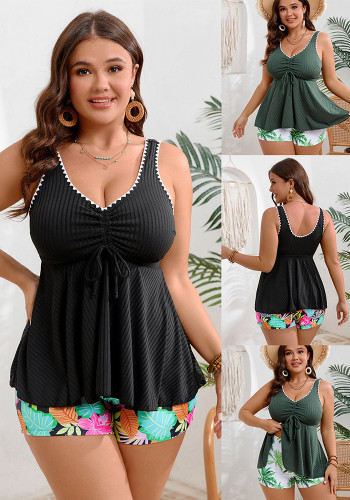 Plus Size Solid Print High-Waist Square-Leg Two-Piece Swimsuit