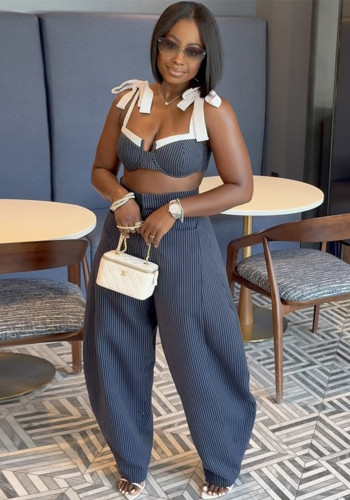 Summer Women's Fashion Sexy Patchwork Strap Open Waist Wide-Leg Pants Set