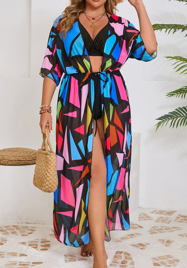 Plus Size Multi-Color Geometric Print Bikini Cover-Up with Slim Waist Tie