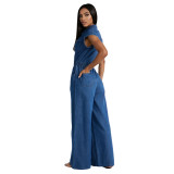 Elastic Waist Washed Denim Slim Fit Wide-Leg Jumpsuit