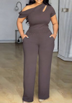 Plus Size Solid Slash Shoulder Cutout Short Sleeve Top & High-Waist Wide-Leg Pants Two-Piece Set Plus Size Solid Slash Shoulder Cutout Short Sleeve Top & High-Waist Wide-Leg Pants Two-Piece Set