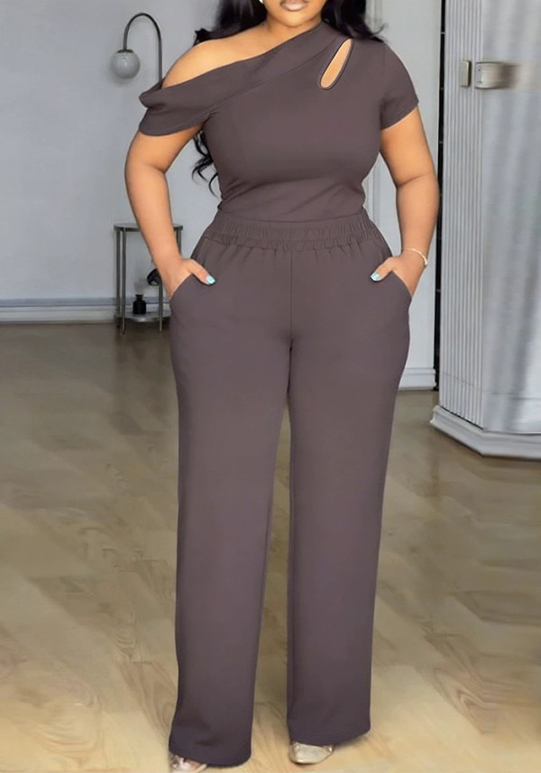 Plus Size Solid Slash Shoulder Cutout Short Sleeve Top & High-Waist Wide-Leg Pants Two-Piece Set