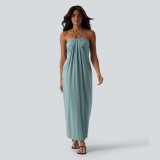 Summer Women's Sexy Strapless Low Back Halter Neck Solid Long Dress