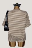 Women's Waffle Stripe Round Neck Short Sleeve Top & Shorts Two-Piece Set