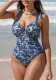 Plus Size One-Piece Blue Porcelain Print Bow Tie Tight-Fitting Swimsuit