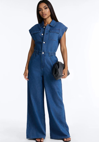 Elastic Waist Washed Denim Slim Fit Wide-Leg Jumpsuit