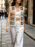 Women's Bohemian Hollow Crochet Colorblock Floral Knitted Vest