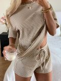 Women's Waffle Stripe Round Neck Short Sleeve Top & Shorts Two-Piece Set