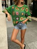 Women's Hollow Crochet Colorblock Floral Knitted Beach Cover-Up