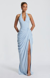 Summer Women's Elegant Halter Neck V-Neck Pleated Ruched Long Dress