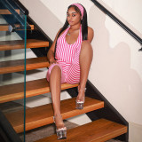 Spring/Summer Women's Striped Print Halter Neck Low Back Top, Headband & High-Waist Capri Pants Set