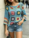 Women's Hollow Crochet Colorblock Floral Knitted Beach Cover-Up
