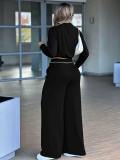 Women's Autumn Casual Long Sleeve Stand Collar Top & Elastic Waist Pocket Straight-Leg Pants Two-Piece Set