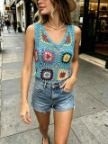 Summer Women's V-Neck Sleeveless Colorblock Knitted Hollow Tank Top