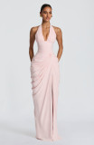 Summer Women's Elegant Halter Neck V-Neck Pleated Ruched Long Dress