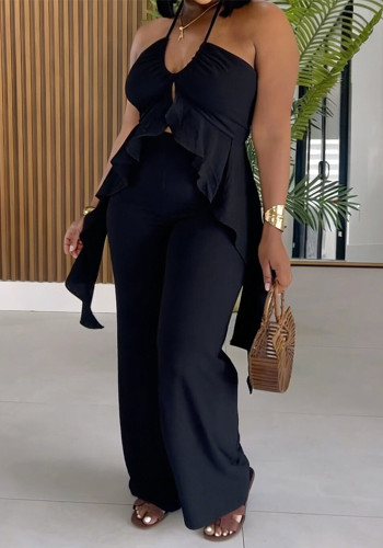 Summer Women's Sexy Solid Halter Neck Ruffle Top & Elastic Waist Straight-Leg Pants Two-Piece Set