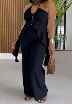 Summer Women's Sexy Solid Halter Neck Ruffle Top & Elastic Waist Straight-Leg Pants Two-Piece Set Summer Women's Sexy Solid Halter Neck Ruffle Top & Elastic Waist Straight-Leg Pants Two-Piece Set