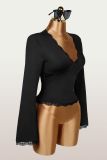Autumn Women's Casual Slim Fit Long Sleeve T-Shirt Lace Patchwork Deep V-Neck Top