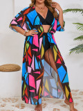 Plus Size Multi-Color Geometric Print Bikini Cover-Up with Slim Waist Tie