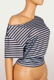 Women's Casual Striped Colorblock Loose Slim Waist Slash Shoulder Short Sleeve T-Shirt