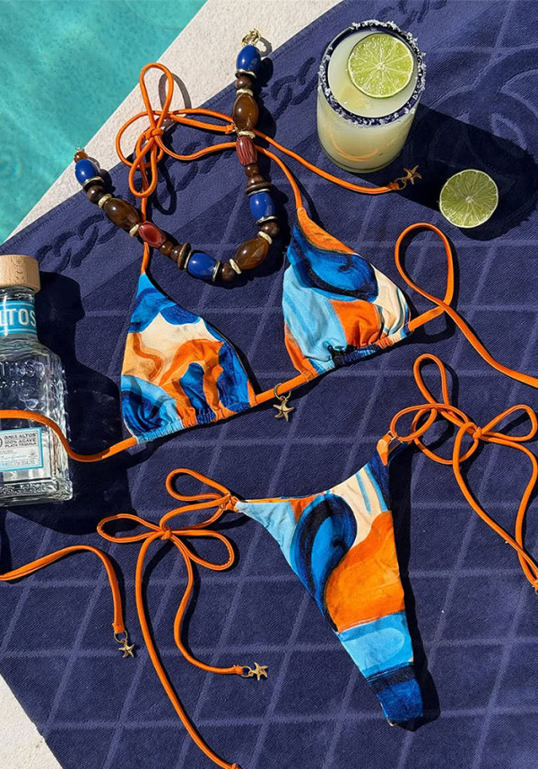 Women's Multi-Color Print Low Back Lace-Up Two-Piece Bikini Swimsuit
