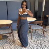 Summer Women's Fashion Sexy Patchwork Strap Open Waist Wide-Leg Pants Set