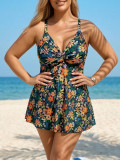 Plus Size High-Waist Slim Fit Floral Print Dress Two-Piece Swimsuit