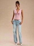 Summer Women's V-Neck Knot Sleeveless Textured Slim Fit Chic T-Shirt