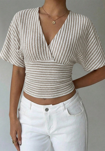 Women's V-Neck Striped Slim Waist Slim Fit Bat Sleeve Knitted Crop Top