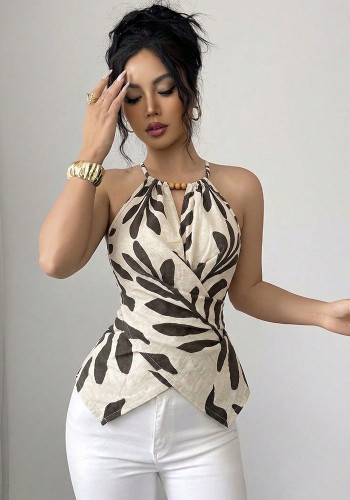 Summer Women's Chic Printed Sleeveless Halter Neck Tie-Detail Top