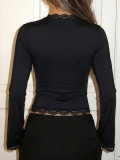 Autumn Women's Casual Slim Fit Long Sleeve T-Shirt Lace Patchwork Deep V-Neck Top