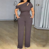 Plus Size Solid Slash Shoulder Cutout Short Sleeve Top & High-Waist Wide-Leg Pants Two-Piece Set