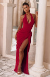 Summer Women's Elegant Halter Neck V-Neck Pleated Ruched Long Dress