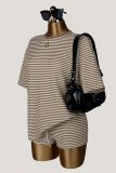 Women's Waffle Stripe Round Neck Short Sleeve Top & Shorts Two-Piece Set