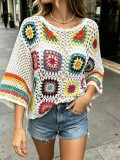 Women's Hollow Crochet Colorblock Floral Knitted Beach Cover-Up