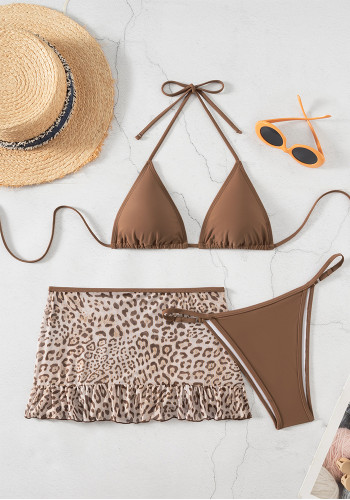 Women's Sexy Leopard Print Lace-Up Bikini Two-Piece Three-Piece Swimsuit for Holidays