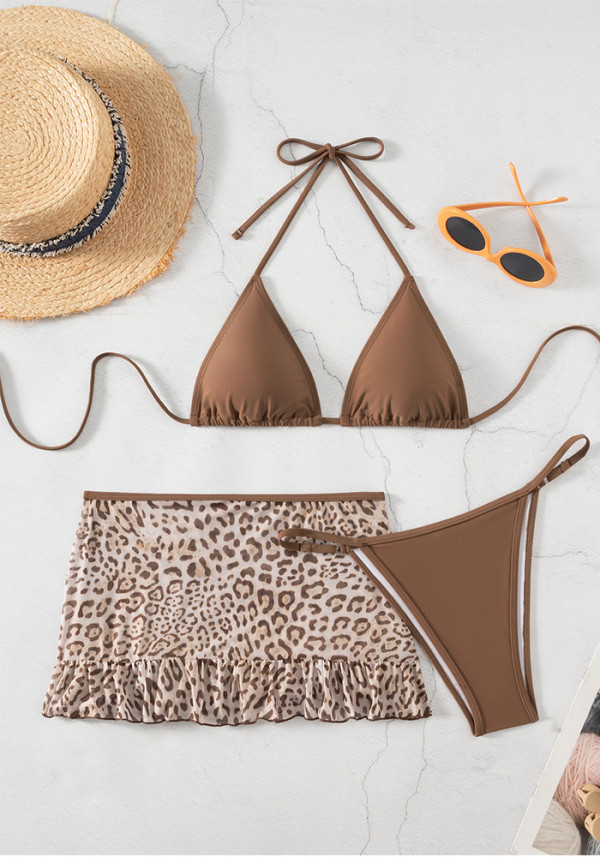 Women's Sexy Leopard Print Lace-Up Bikini Two-Piece Three-Piece Swimsuit for Holidays