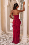 Summer Women's Elegant Halter Neck V-Neck Pleated Ruched Long Dress