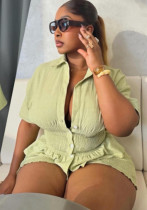 Summer Women's Casual Turndown Collar Slim Waist Shirt & High-Waist Shorts Two-Piece Set Summer Women's Casual Turndown Collar Slim Waist Shirt & High-Waist Shorts Two-Piece Set
